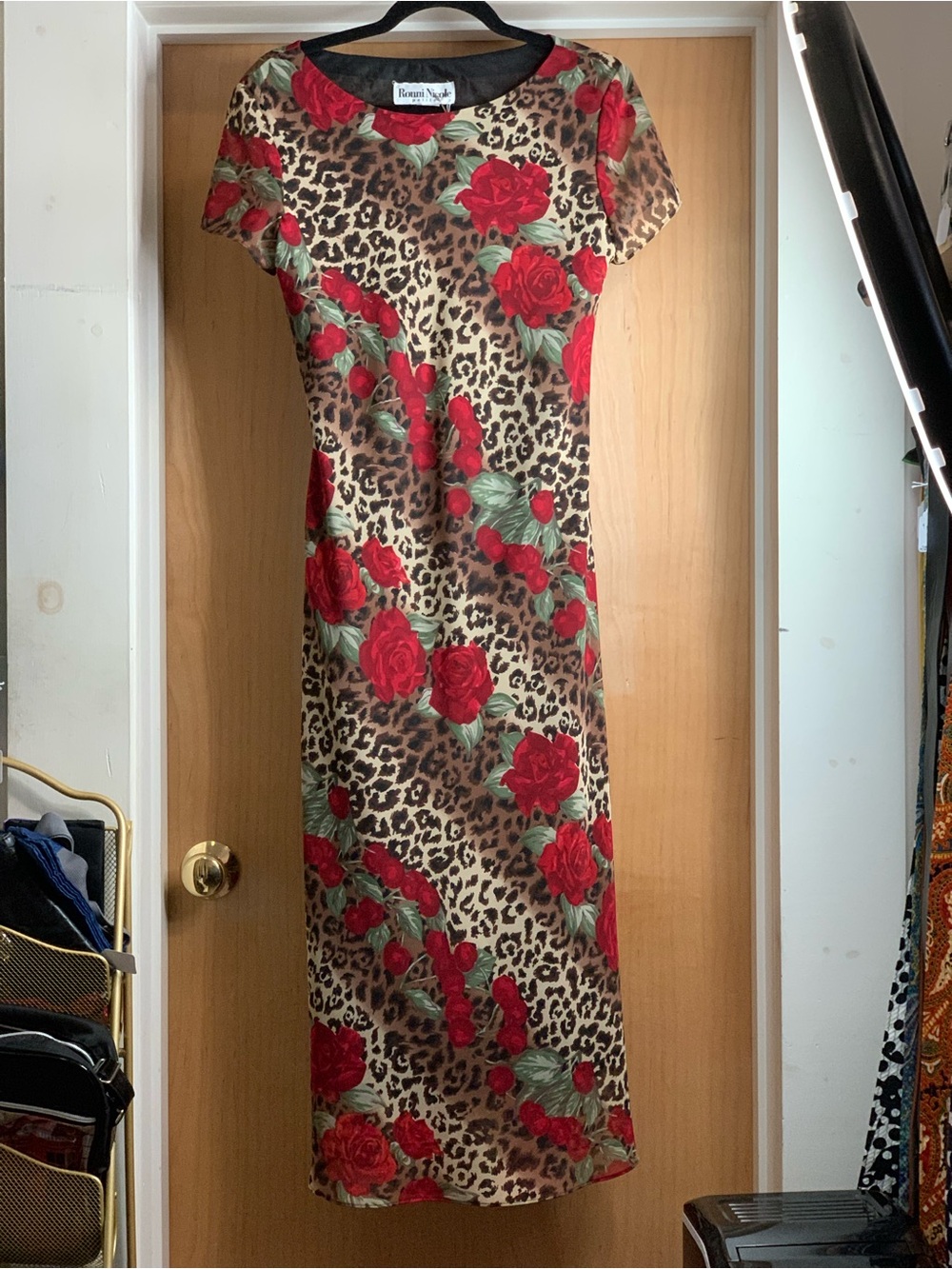 Ronni Nicole Petite Red Rose Floral Leopard MIDI Dress Size-S/M Mob Wife Glam